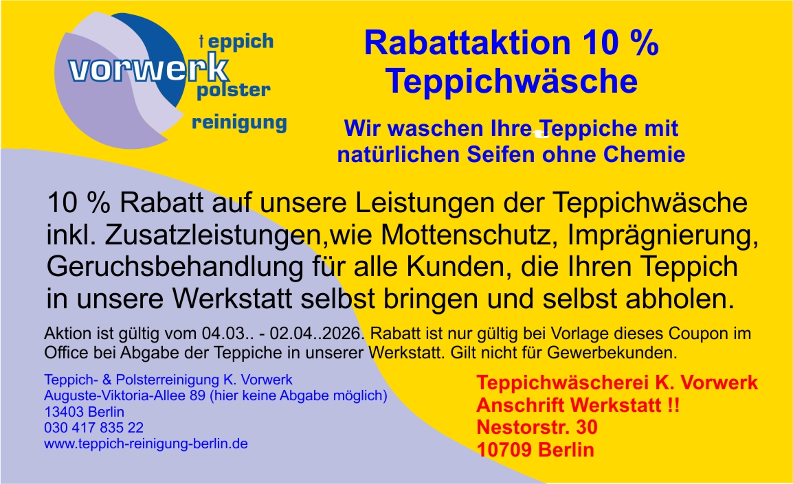 10 % Rabatt auf Teppichwäsche für SB-Kunden Teppichreinigung K. Vorwerk