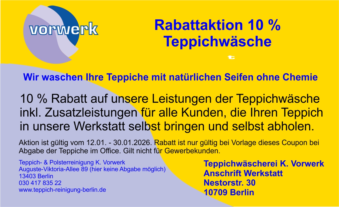 10 % Rabatt auf unsere Teppichwäsche - Teppichwäscherei Teppichreinigung Karsten Vorwerk
